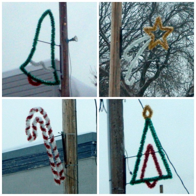 Christmas decorations in Lengby, MN - stocking, tree, candy cane, bell, shooting star