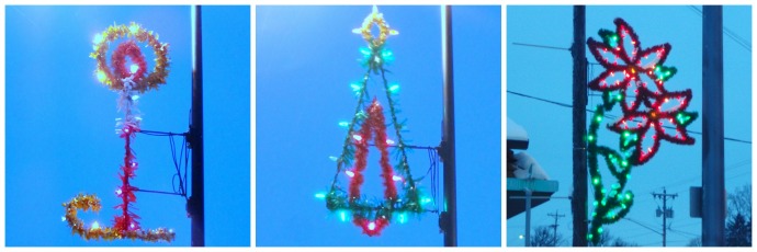 Christmas decorations - a wreath and tree in Staples, MN, and a poinsettia in Motley, MN